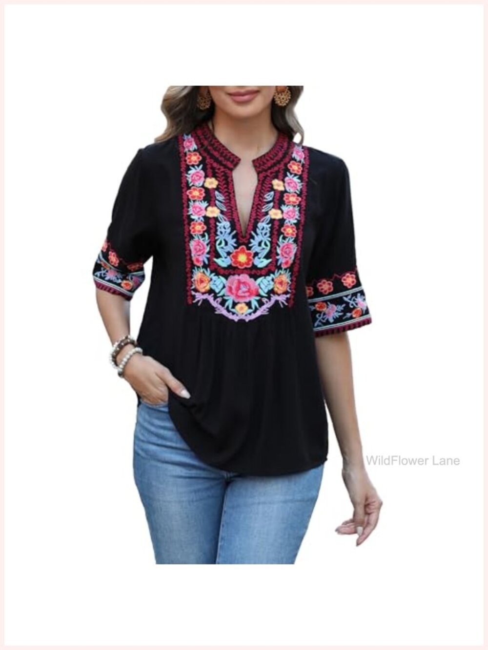 Embroidered Boho Peasant Blouse Short Sleeve V-Neck Rayon Summer Top
